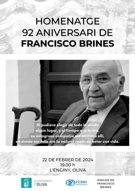 Un grupo de amigos rendirá homenaje en Oliva a Francisco Brines con un recital poético cuando cumpliría los 92 años