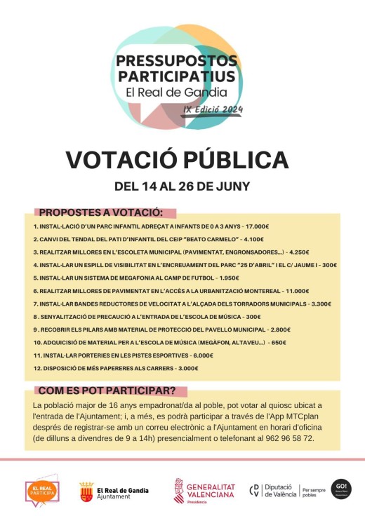 Comienzan las votaciones de los Presupuestos Participativos 2024 de El Real de Gandia