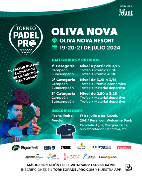 El ‘Torneo Oliva Nova Pádel Pro’ repartirá más de 1.200 euros en premios.