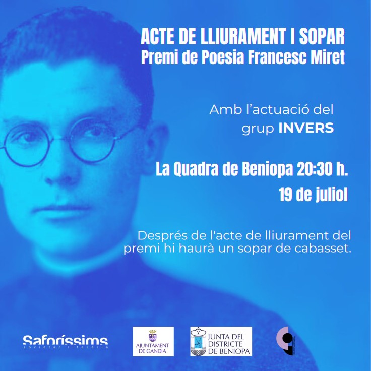 Joan Lluís Senon Vila gana el VII Premio de Poesía Pare Francesc Miret
