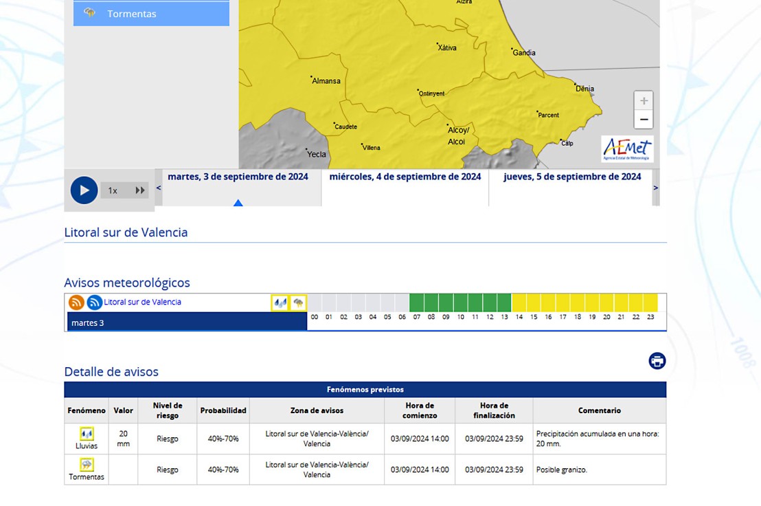 La Aemet avisa de lluvias y granizo en la Safor a partir de las 14 horas hoy y mañana