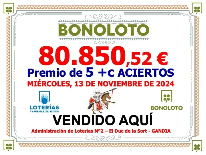 Un acertante de la Bonoloto se lleva 80.000 euros tras sellar su boleto en el Duc de la Sort en Gandia