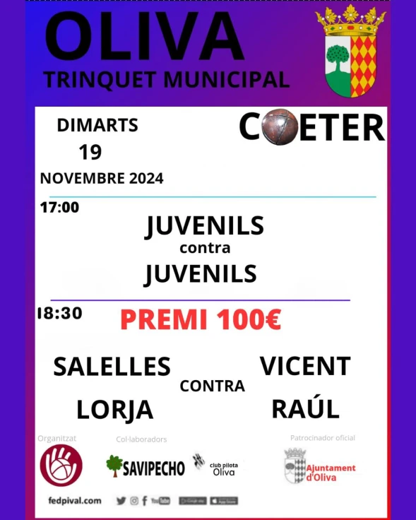 El Trinquet Municipal de Oliva acogerá mañana partidos de raspall juvenil y profesional