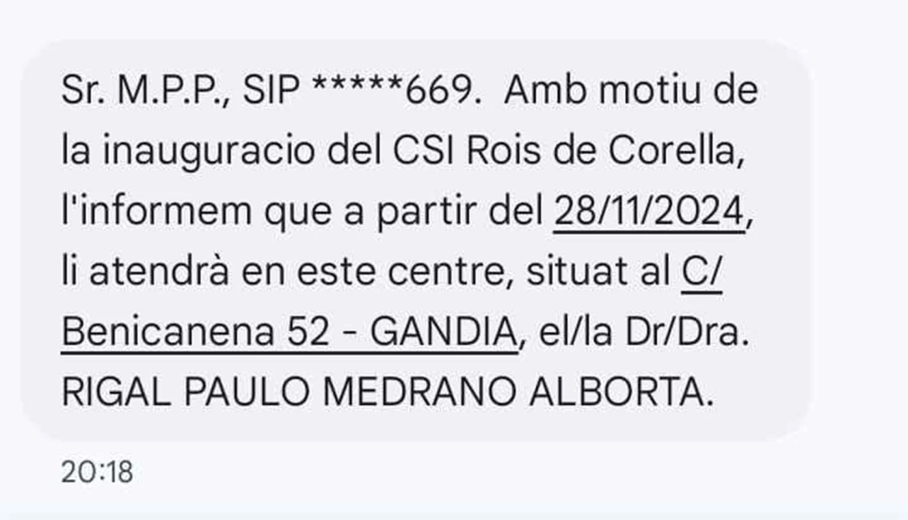 Miles de usuarios reciben ya el SMS de Sanidad confirmando el paso al centro de Salud Roís de Corella de Gandia