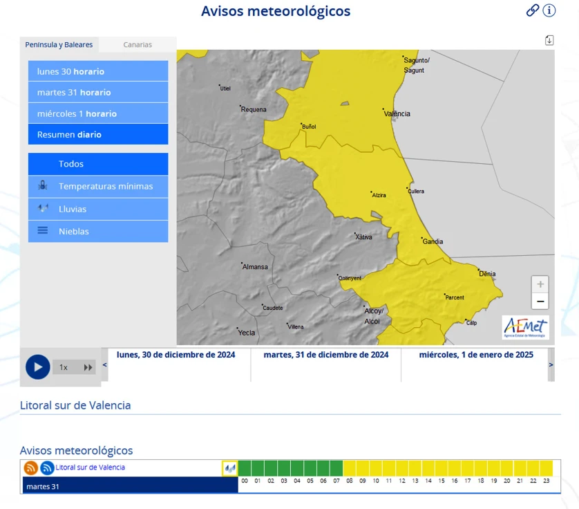 Una Nochevieja y Año Nuevo con alerta por lluvias intensas en la Safor