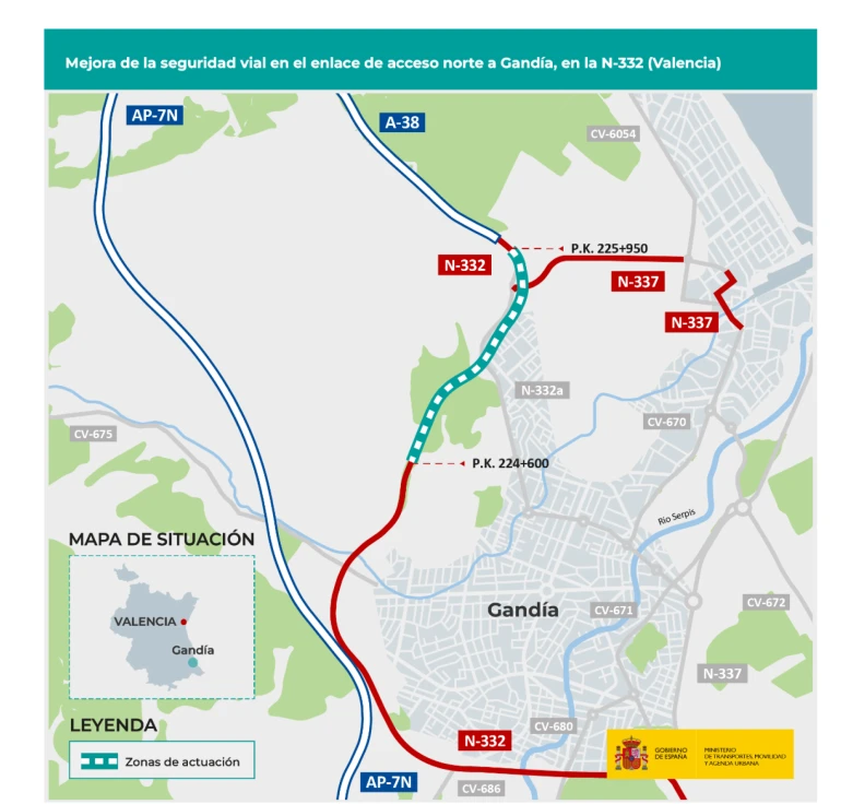 Corte hasta junio de la N-332 a su paso por Gandia por obras de mejora de la seguridad en el enlace de acceso norte