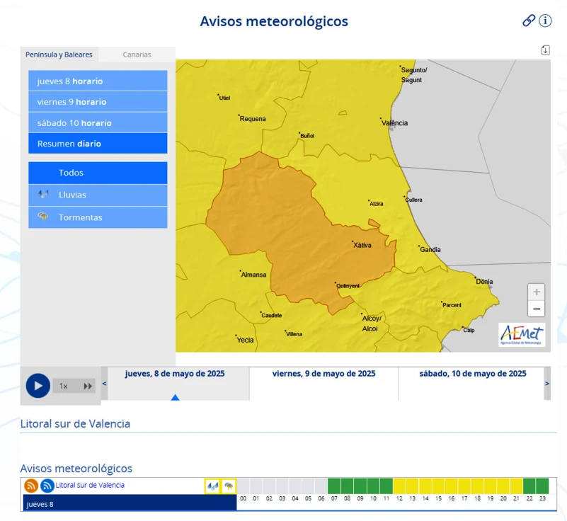 Alerta por lluvias intensas a partir del mediodía de hoy en la Safor con posibilidad de granizo