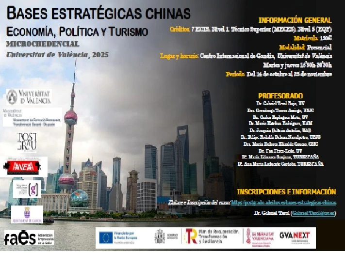 El Centro Internacional de Gandía de la Universitat de València acogerá del 14 de octubre al 25 de noviembre, el microcredencial Bases estratégicas chinas: Economía, Política y Turismo.