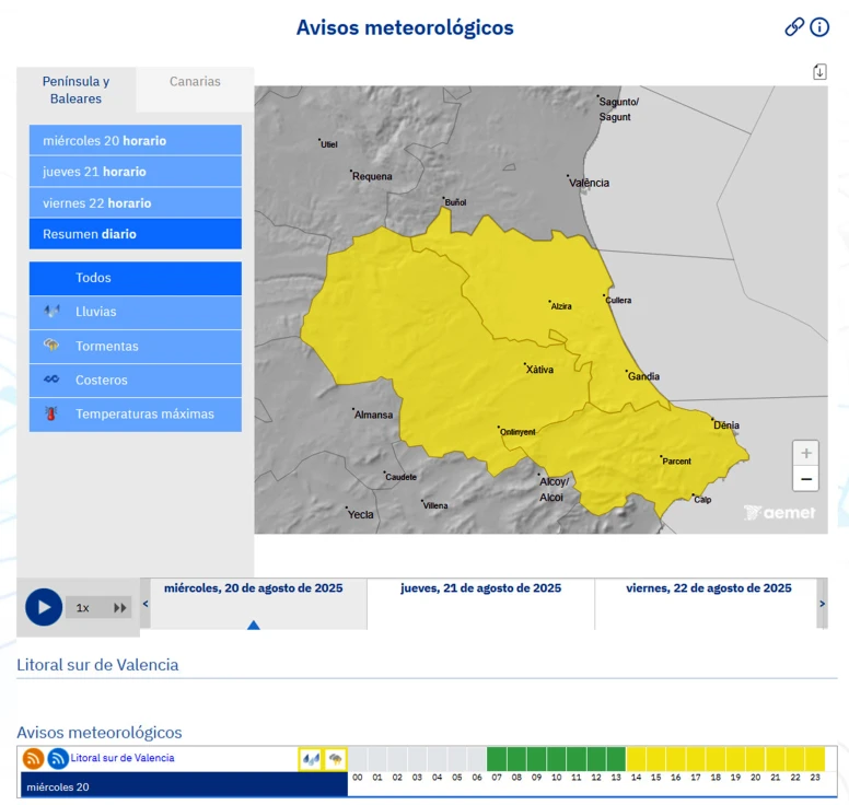 Las lluvias y tormentas fuertes se esperan hoy a partir de las 2 en la Safor