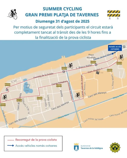 Cierre al tráfico de una parte de la zona de la playa de Tavernes este domingo por la prueba ciclista del Summer Cycling-Grand Prix