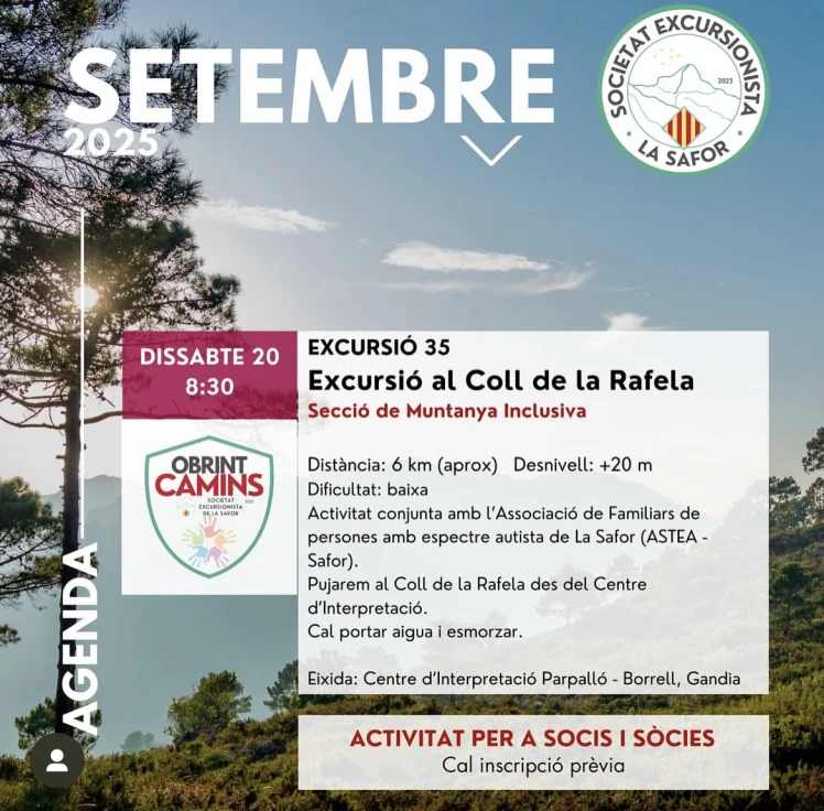 La Societat Excursionista de La Safor organiza este sábado una excursión inclusiva al Coll de la Rafela