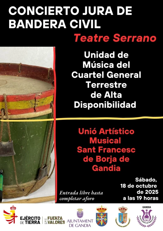 La Unidad de Música del Cuartel General Terrestre de Alta Disponibilidad ofrece un concierto en el Serrano con motivo de la Jura de Bandera Civil en Gandia