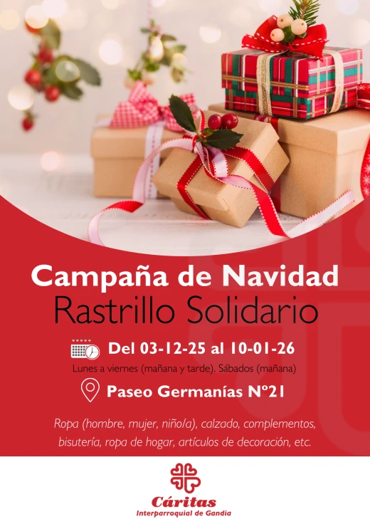 Cáritas lanza la campaña navideña #DonaAmbCor con un rastrillo solidario en el paseo de Gandia