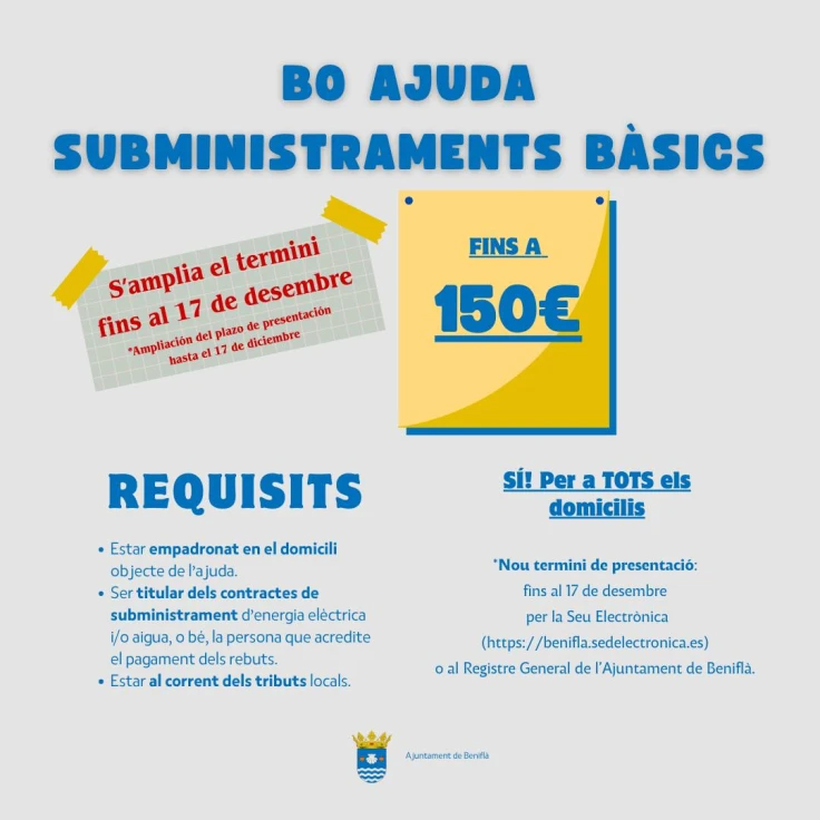 Beniflà amplía el plazo para solicitar el bono de ayuda de hasta 150€ para suministros básicos