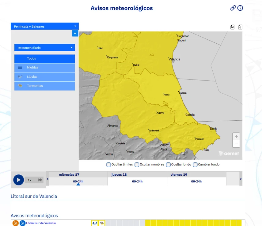 Jornada la de hoy donde se esperan tormentas y hasta un acumulado de 60 litros por metro cuadrado en la Safor
