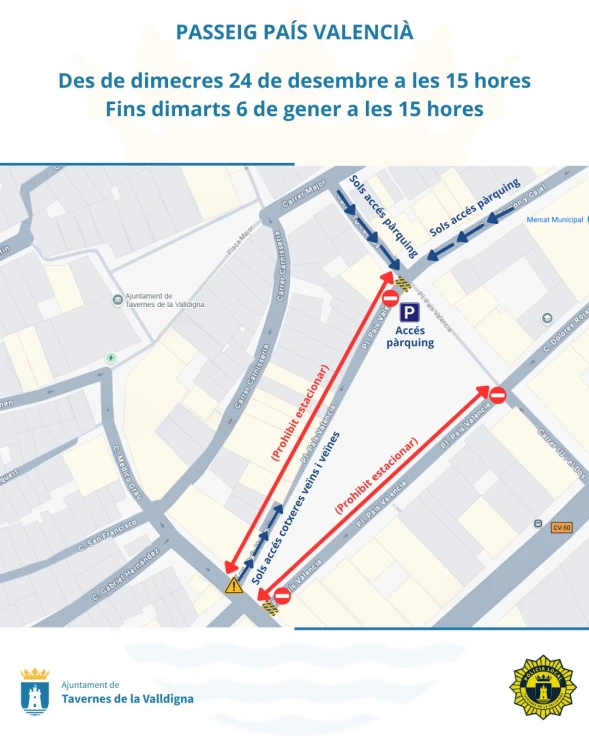 Tavernes cierra al tráfico el paseo del País Valencià hasta el Día de Reyes