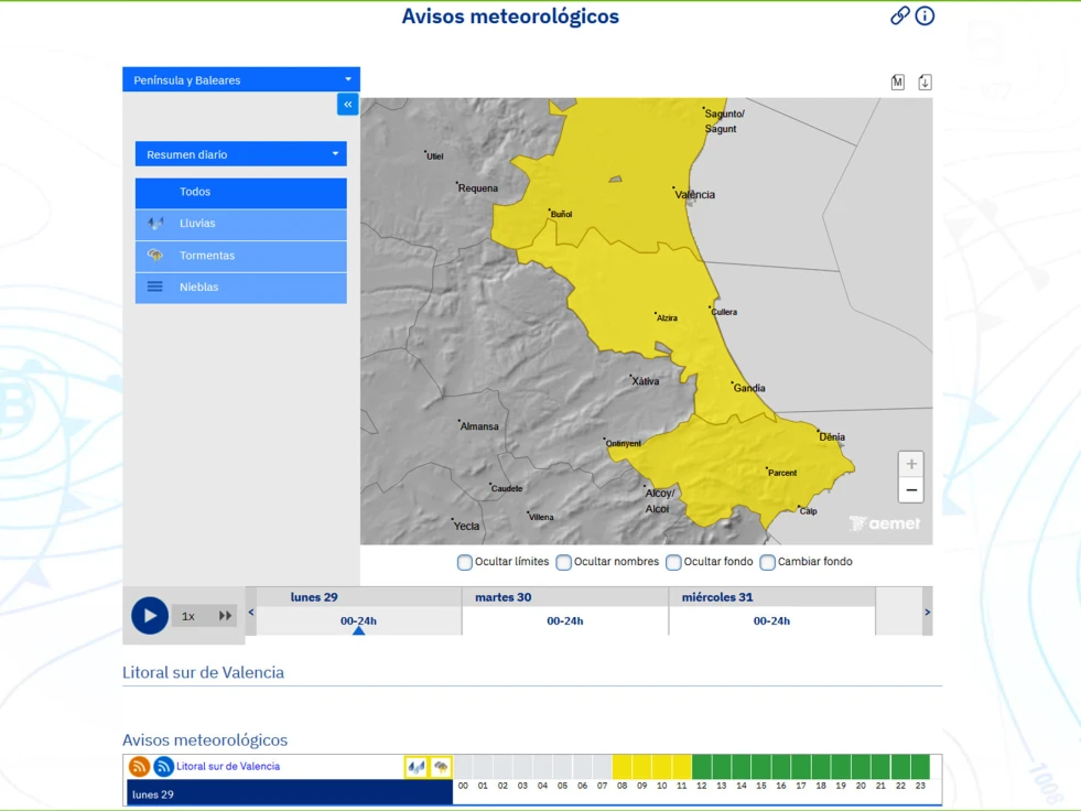 Última jornada de lluvias intensas en la Safor hasta el mediodía con la alerta amarilla vigente