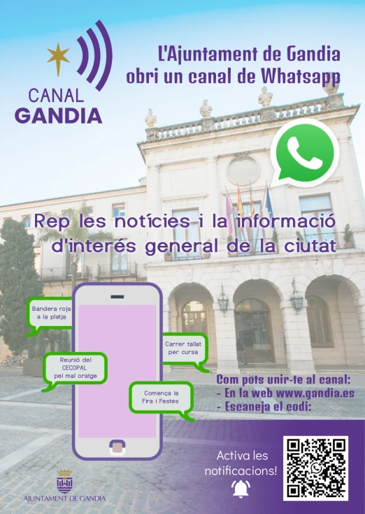 Gandia crea un canal de WhatsApp para informar y reducir la difusión de rumores o noticias falsas