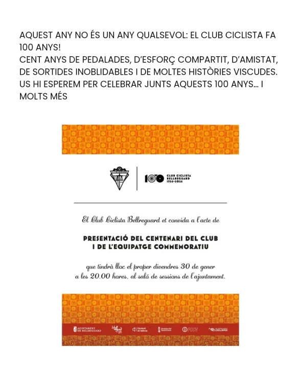El Club Ciclista Bellreguard celebra mañana su centenario con un acto oficial