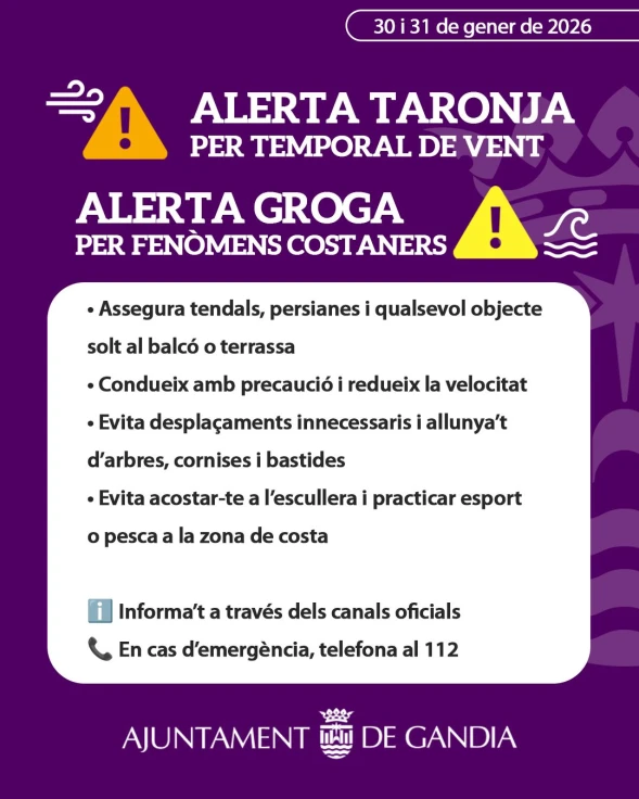 Gandia activa medidas preventivas ante la alerta naranja por vientos desde hoy y hasta mañana