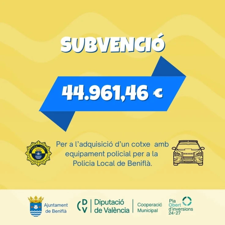 Beniflà recibe casi 45.000€ para comprar un vehículo híbrido destinado a la Policía Local