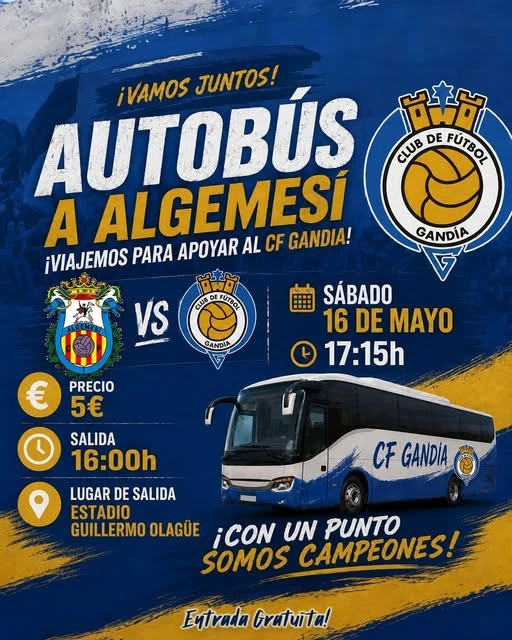 El C.F. Gandia busca el alirón en Algemesí con el apoyo de su afición en un partido decisivo por el ascenso