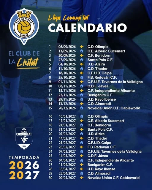 El CF Gandia ya conoce su calendario para la temporada 2026/2027 en la Lliga Comunitat