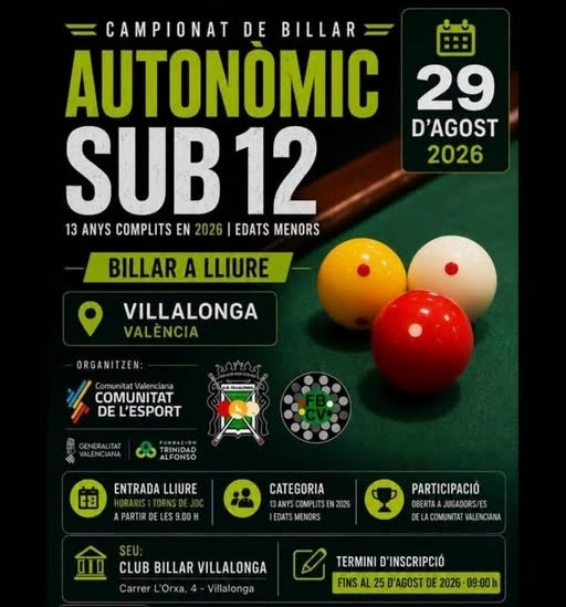Villalonga acoge el Campeonato Autonómico de Billar Sub-12 el próximo 29 de agosto