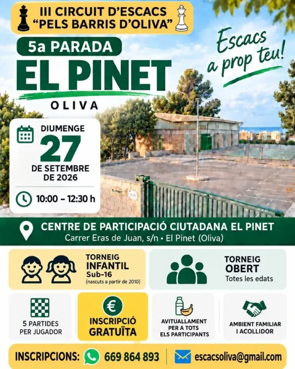 El Pinet acoge mañana la quinta parada del III Circuito de Ajedrez por los Barrios de Oliva