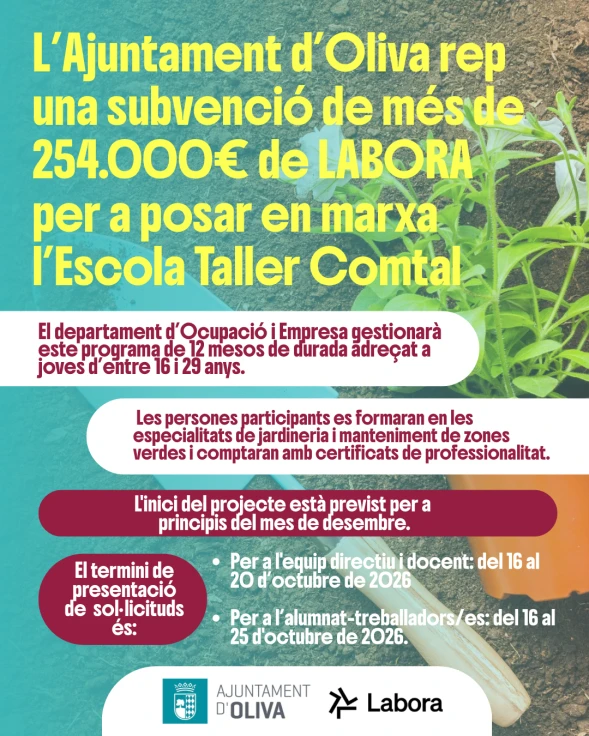 Oliva pondrá en marcha la Escuela Taller Comtal gracias a una subvención de Labora