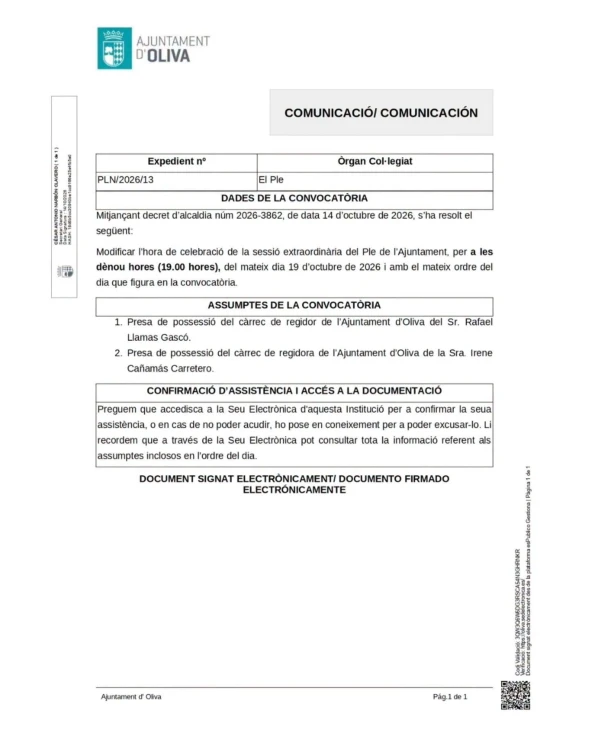 Toma de posesión de Rafael Llamas e Irene  Cañamás en Oliva