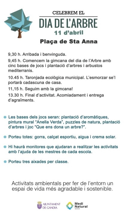 Gandia celebrará el Día del Árbol con actividades medioambientales para el alumnado