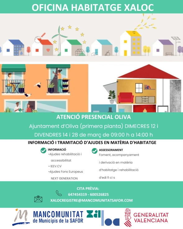 La oficina itinerante de vivienda Xaloc atenderá en Oliva el 14 y el 28 de marzo