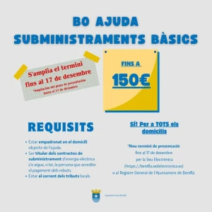 Beniflà amplía el plazo para solicitar el bono de ayuda de hasta 150€ para suministros básicos
