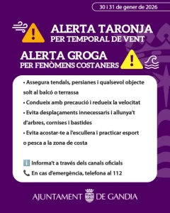 Gandia activa medidas preventivas ante la alerta naranja por vientos desde hoy y hasta mañana