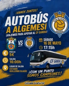 El C.F. Gandia busca el alirón en Algemesí con el apoyo de su afición en un partido decisivo por el ascenso