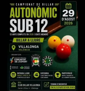 Villalonga acoge el Campeonato Autonómico de Billar Sub-12 el próximo 29 de agosto